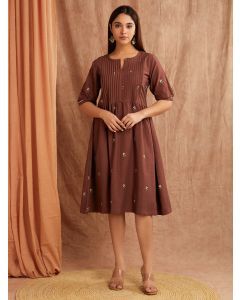 Brown Embroidered Cotton Linen Dress