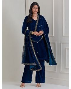 Blue Embroidered Velvet A-Line Suit - Set of 3