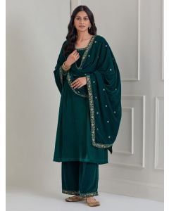 Green Embroidered Velvet Anarkali Suit - Set of 3