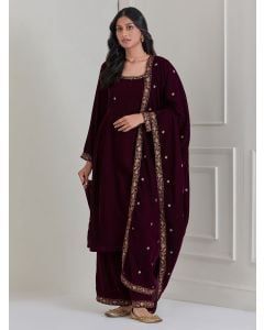 Burgundy Embroidered Velvet Anarkali Suit - Set of 3