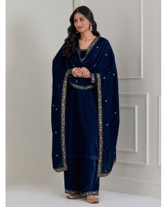 Blue Embroidered Velvet Anarkali Suit - Set of 3