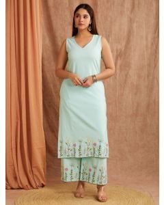 Blue Embroiderd Cotton Linen Kurta with Palazzo - Set of 2