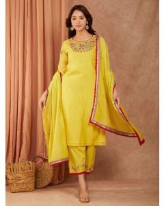 Lemon Yellow Embroidered Chanderi Dupatta