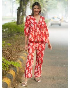 Red Hand Block Printed Cotton Co-ord Set- Set of 2