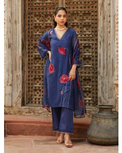 Blue Embroidered Chanderi Kurta with Pants- Set of 2