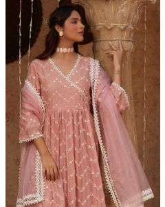 Pink Mirror Work Cotton Mulmul Kurta with Pants- Set of 2