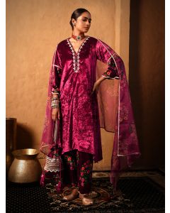 Wine Embroidered Velvet Kurta with Pants- Set of 2