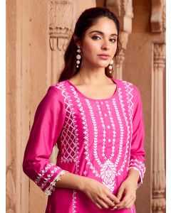 Fuchsia Chikankari  Embroidered Chanderi Kurta with Pants- Set of 2