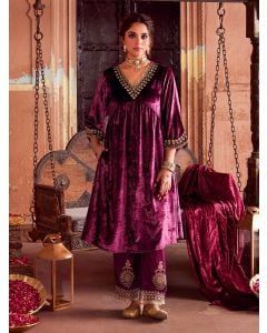 Wine Dori Embroidered Velvet Kurta