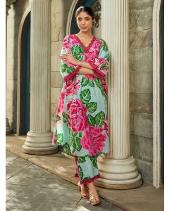 Powder Blue Pink Printed Cotton Kurta