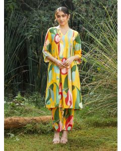 Yellow Printed Cotton Slub Kurta