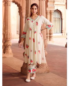 Ivory Printed Cotton Slub Kurta