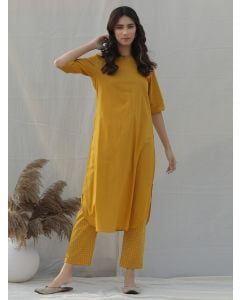 Yellow Cotton Kurta with Hand Block Printed Pants- Set of 2