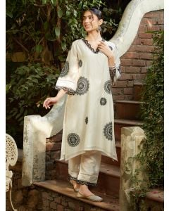 Ivory Embroidered Viscose Chanderi Kurta with Pants- Set of 2