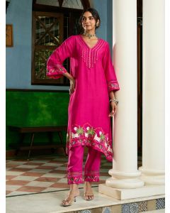 Fuschia Embroidered Viscose Chanderi Kurta with Pants- Set of 2