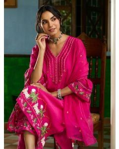 Fuchsia Embroidered Chanderi Kurta with Pants- Set of 2
