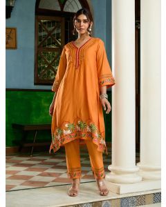 Orange Embroidered Viscose Chanderi Kurta with Pants- Set of 2