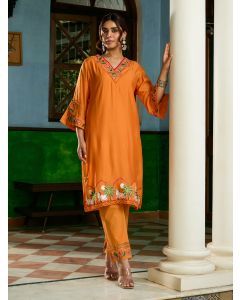 Orange Embroidered Viscose Chanderi Kurta with Pants- Set of 2