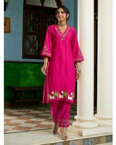 Fuschia Embroidered Viscose Chanderi Kurta with Pants- Set of 2