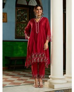 Red Embroidered Viscose Chanderi Kurta with Pants- Set of 2