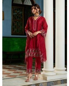 Red Embroidered Viscose Chanderi Kurta with Pants- Set of 2