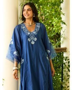 Blue Embroidered Chanderi Choga with Pants- Set of 2