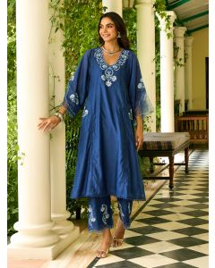 Blue Embroidered Viscose Chanderi Choga with Pants- Set of 2