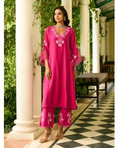 Fuschia Embroidered Viscose Chanderi Choga with Pants- Set of 2