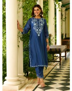 Blue Embroidered Viscose Chanderi Kurta with Pants- Set of 2