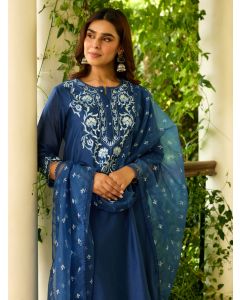 Blue Embroidered Chanderi Kurta with Pants- Set of 2