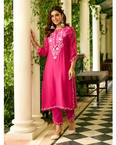 Fuschia Embroidered Viscose Chanderi Kurta with Pants- Set of 2