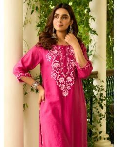Fuschia Embroidered Chanderi Kurta with Pants- Set of 2