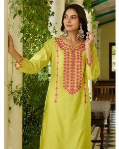 Lime Yellow Embroidered Viscose Chanderi Kurta with Pants- Set of 2