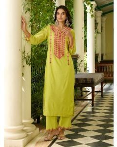 Lime Yellow Embroidered Viscose Chanderi Kurta with Pants- Set of 2