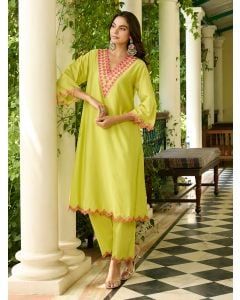 Lime Yellow Embroidered Viscose Chanderi Kurta with Pants- Set of 2