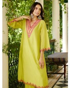 Lime Yellow Embroidered Viscose Chanderi Kurta with Pants- Set of 2