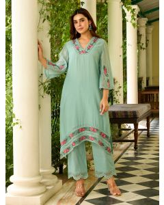 Aqua Blue Embroidered Chanderi Kurta with Pants- Set of 2