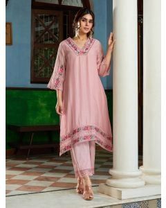 Powder Pink Embroidered Chanderi Kurta with Pants- Set of 2