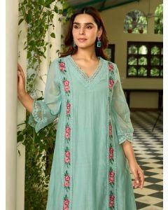Aqua Blue Embroidered Chanderi Kurta with Pants- Set of 2