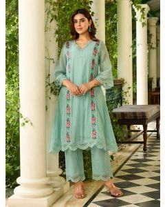Aqua Blue Embroidered Chanderi Kurta with Pants- Set of 2
