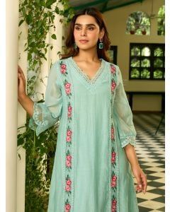 Aqua Blue Embroidered Chanderi Kurta with Pants- Set of 2