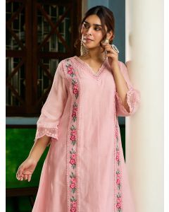 Powder Pink Embroidered Chanderi Kurta with Pants- Set of 2