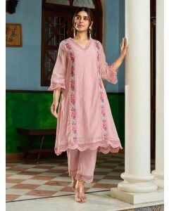 Powder Pink Embroidered Chanderi Kurta with Pants- Set of 2