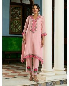 Powder Pink Embroidered Chanderi Kurta with Pants- Set of 2