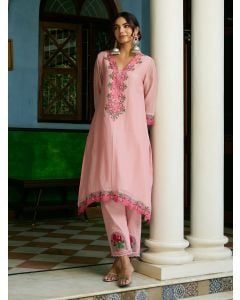 Powder Pink Embroidered Chanderi Kurta with Pants- Set of 2