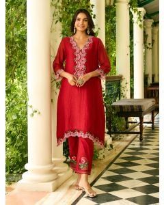 Red Embroidered Chanderi Kurta with Pants- Set of 2