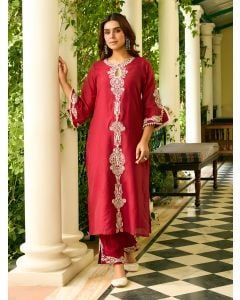 Maroon Embroidered Viscose Chanderi Kurta with Pants- Set of 2