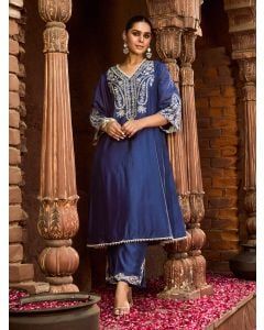 Blue Embroidered Viscose Chanderi Kurta with Pants- Set of 2