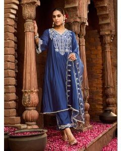 Blue Embroidered Viscose Chanderi Kurta with Pants- Set of 2