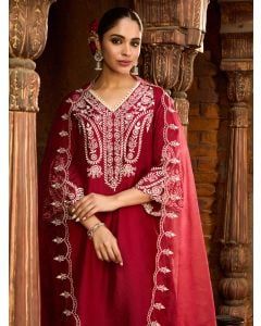 Maroon Embroidered Viscose Chanderi Kurta with Pants- Set of 2